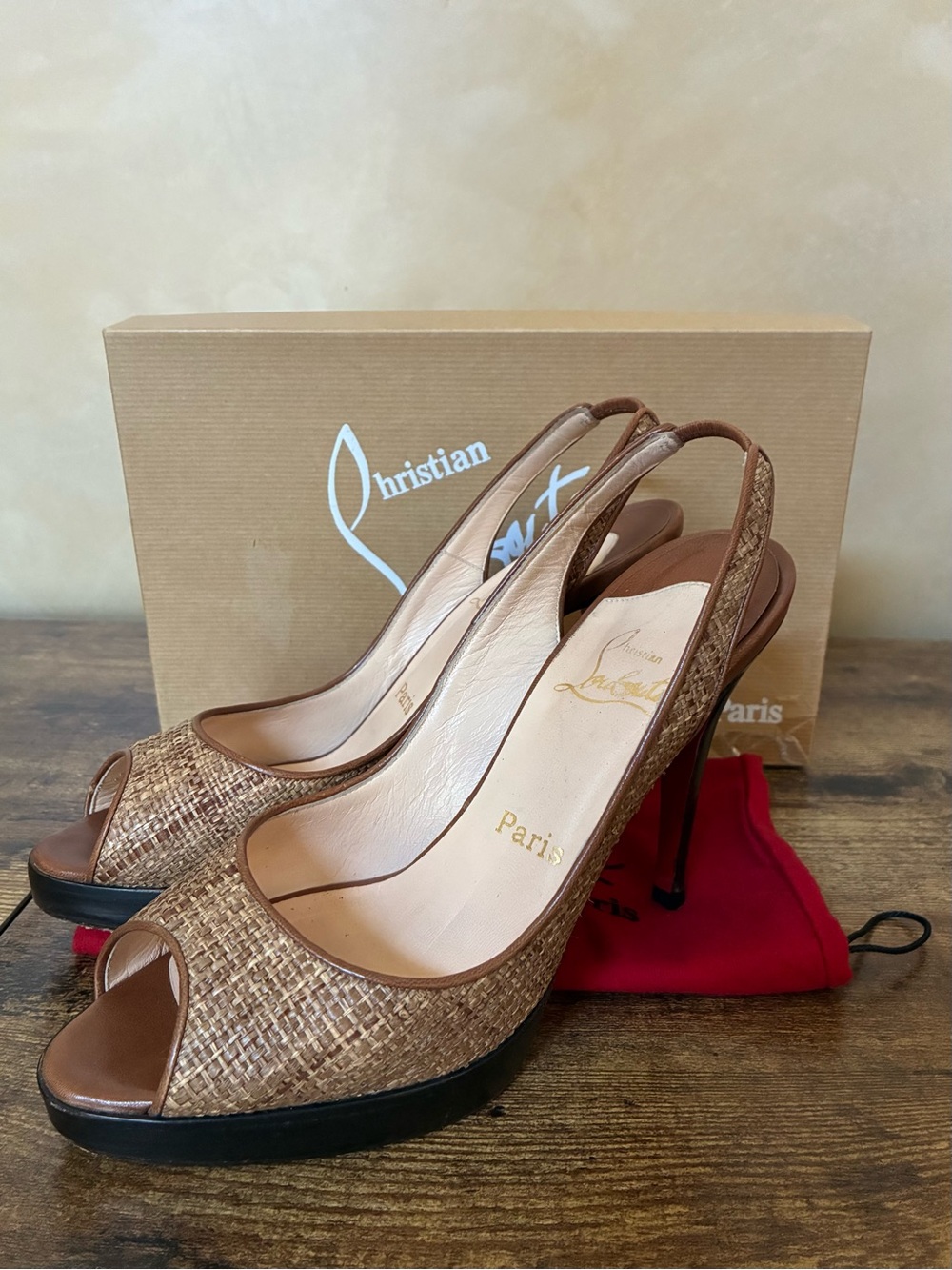Christian Louboutin Brown Woven Peep-Toe Slingback Heels